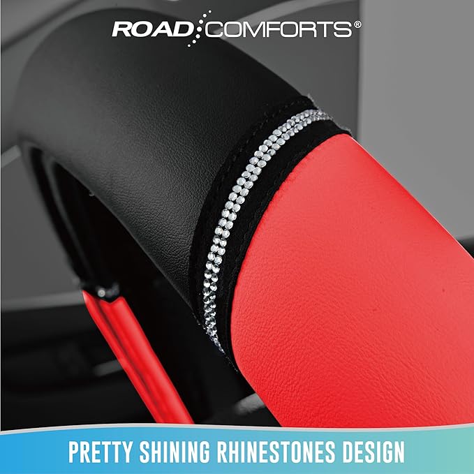 Road Comforts Leather Steering Wheel Cover - Made with PVC Leather - Anti-Slip, Universal Fit 14 1/2 inches to 15 inches - Red