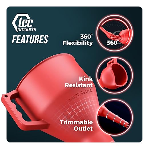 TEC Products FlexAll Long Flexible Funnel for Automotive Use - Durable Nitrile Rubber - Ideal for Car Oil Change, Transmission Funnel Fluid, Diesel, Fuel, Gas - Made in USA - Red (16 x 5 Inches)