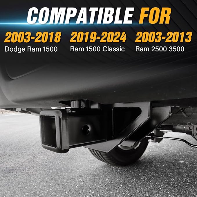 Tow Hitch 2 Inch, for Ram Hitch Trailer Kit, Class 3 III Rear Bumper Towing Receiver Compatible with 2003-2018 Dodge Ram 1500 & 19-24 Ram 1500 Classic & 03-13 Ram 2500 3500 Tow Combo with Cover