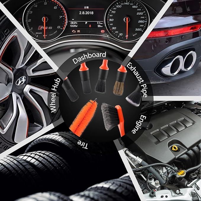 SPTA 8Pcs Wheel & Tire Brush Car Detailing kit, Easy Reach Wheel and Rim Brush, 5pcs Detailing Brushes, Short Handle Cleaning Brush, 1pc Microfiber Cleaning Cloth, Great to Clean Dirty Tires