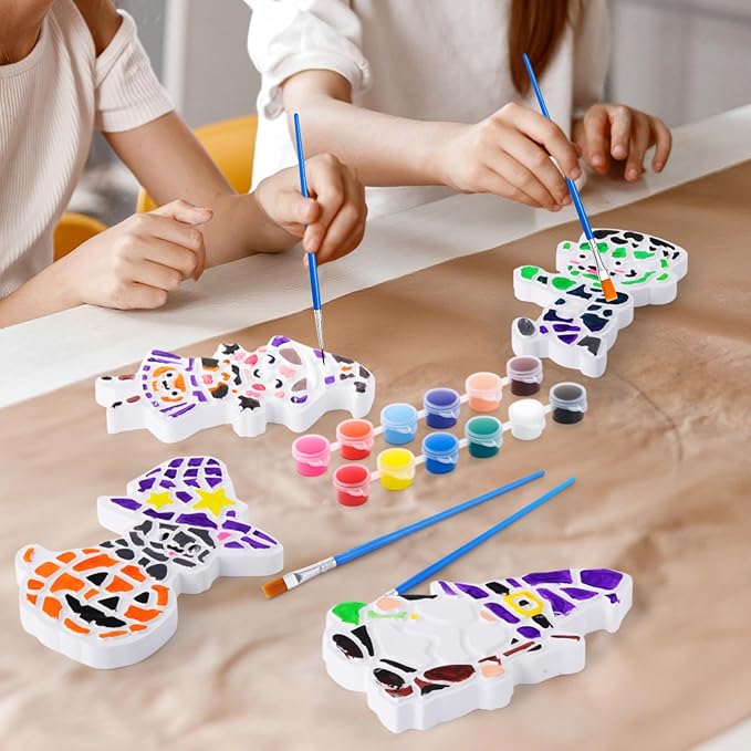 Gersoniel 6 Pack Halloween Painting Kit Stepping Stones Painting Crafts DIY Ceramic Mosaic Set with Paints and Brushes Pottery Garden Stones Spooky Figurines for Arts and Party Decor