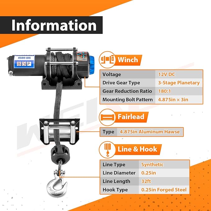 WeiSen 4500lb 12V ATV UTV Electric Winch Kit w/ 1/4" Synthetic Line, Winch Roller Fairlead & Link Stopper for Off Road Trailer Towing