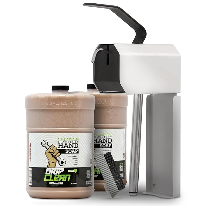 Grip Clean 4 Pk Combo – Hand Cleaner for Mechanics with Wall-Mounted Soap Dispenser + 2 Gallons Heavy-Duty Liquid Pumice Hand Soap, Natural Clay & Coconut Oil for Auto Mechanics, Industrial, & Garage