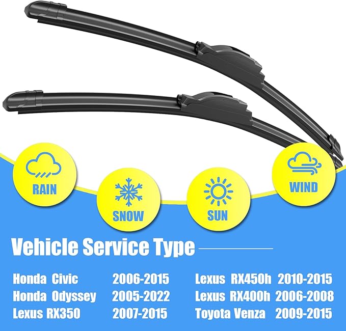 Gavimnal® 26"+22" Silicone Wiper Blades Replacement For Toyota Venza 2009-2015 Honda Civic 2006-2015 Odyssey 2005-2022 Lexus RX350 2007-2015,All-Season Front Windshield Wiper Blades(Set of 2)
