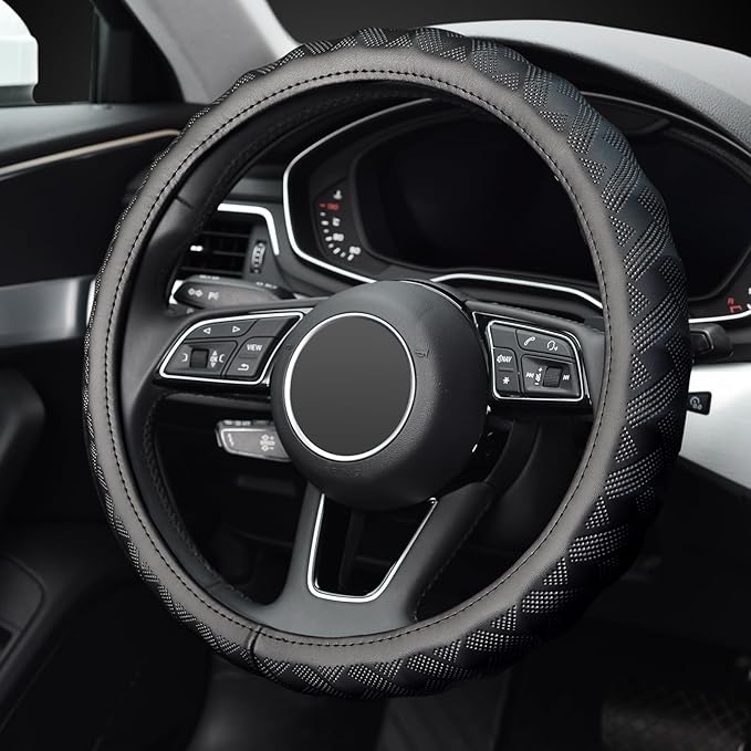 KAFEEK Steering Wheel Cover, Universal 15 inch, Microfiber Leather, Bamboo Weave Style,Breathable Non-Slip,Black