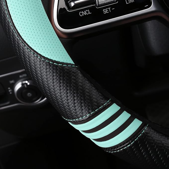 Car Steering Wheel Covers for Women Padded Carbon Fiber PU Leather Cute Auto Interior Accessories for Vehicle, Sedan, Universal, Anti Slip, Green, Standard Size 14.5-15"(37-38cm)