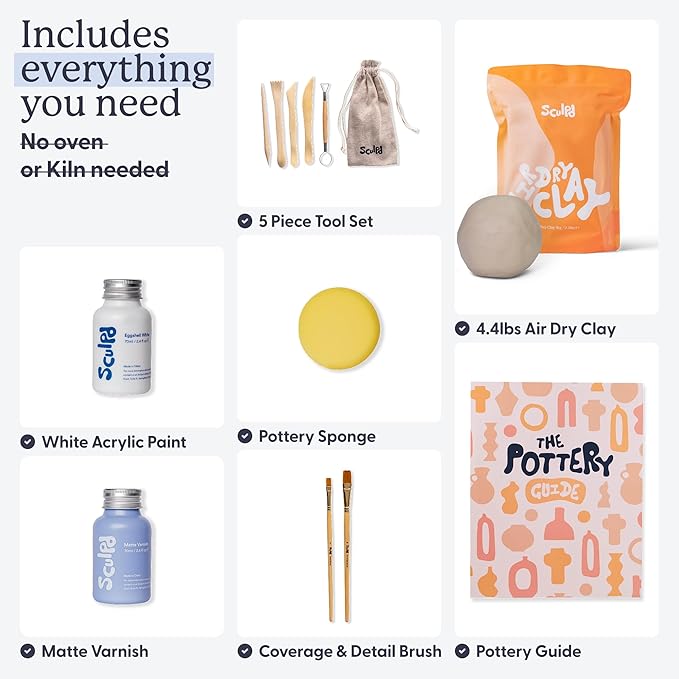 Sculpd - The Original Pottery Kit - Complete Air Dry Clay Kit for Adults Includes Sculpting Tools, Varnish, Paint Brushes, Guides, Arts & Crafts Sets, Matte Varnish