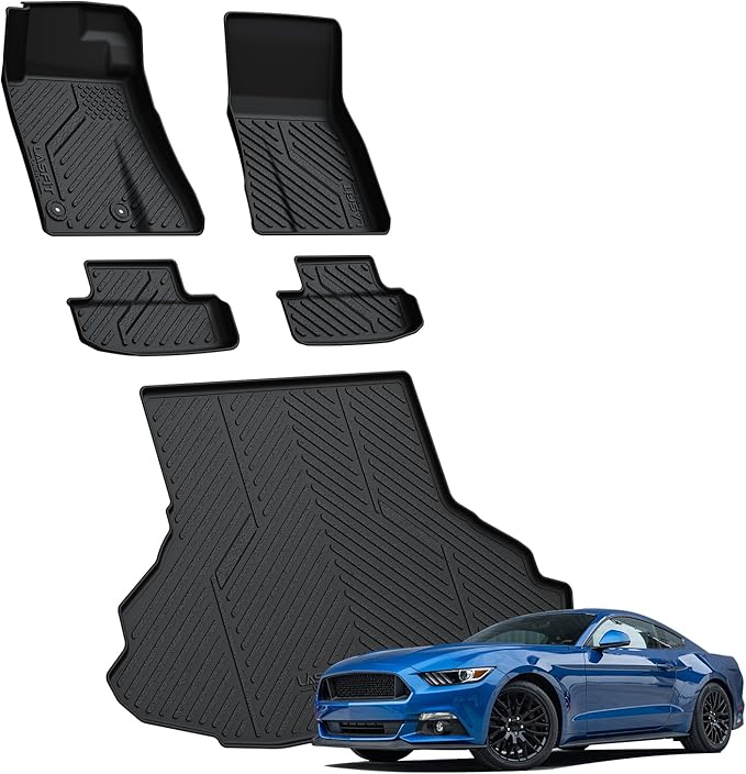 LASFIT Floor Mats and Trunk Mat for Ford Mustang 2024 2025 2026 (Cargo w/o Subwoofer Box) All Weather Protector TPE Car Floor Liners, 1st & 2nd Row & Cargo Liner, 5pcs Black