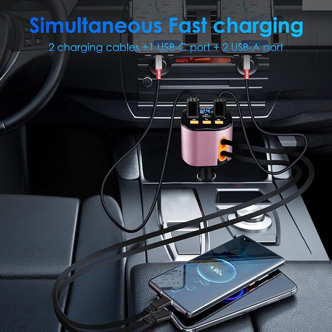 Retractable Car Charger,5 in 1 Fast Car Phone Charger 90W,Bluetooth 5.3 FM Transmitter Adapter,Handsfree Call,2 Retractable Cables and USB Cars Chargers for iPhone 17/16/15/14/13/Galaxy/Pixel