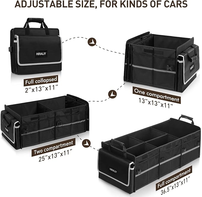 HIRALIY 4 in 1 Car Trunk Storage Organizer, Multi Compartment Foldable Trunk Storage Box with Leakproof Insulated Bag for Car Truck SUV