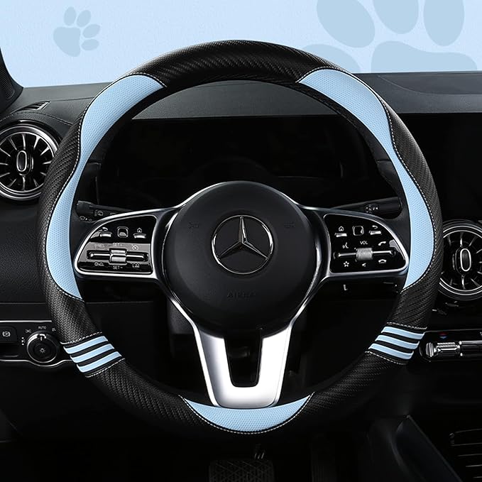 Car Steering Wheel Covers for Women Padded Carbon Fiber PU Leather Cute Auto Interior Accessories for Vehicle, Sedan, Universal, Anti Slip, Blue, Standard Size 14.5-15"(37-38cm)