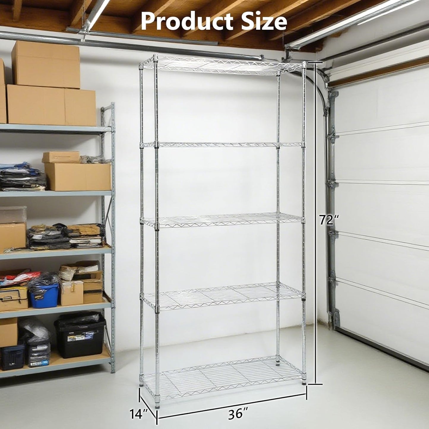 Heavy-Duty Chrome Steel Wire Shelving NSF Certified. Adjustable Storage Rack for Kitchen,Garage,and Laundry Utility Room (Chrome-5Tiers-36x14x72)