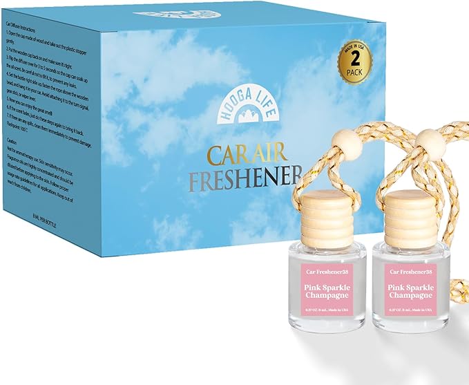 HoogaLife Car Air Freshener Diffuser 2 Pack Hanging Air Freshener Diffuser - Pink Sparkle Champagne Fragrance Oil Air Diffuse r for Car, 45+ Days Long Lasting Fragrance Made in USA (P38)