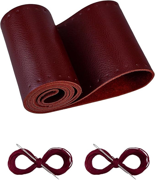 BELINOUS Leather Steering Wheel Cover Lace Up, Stitch On Wrap, Universal Fit 13-20 inch Car Truck SUV Pickup Boat, A Whole Piece of Cowhide, DIY Stitch w/Needle Thread (Size M2, Wine Red)