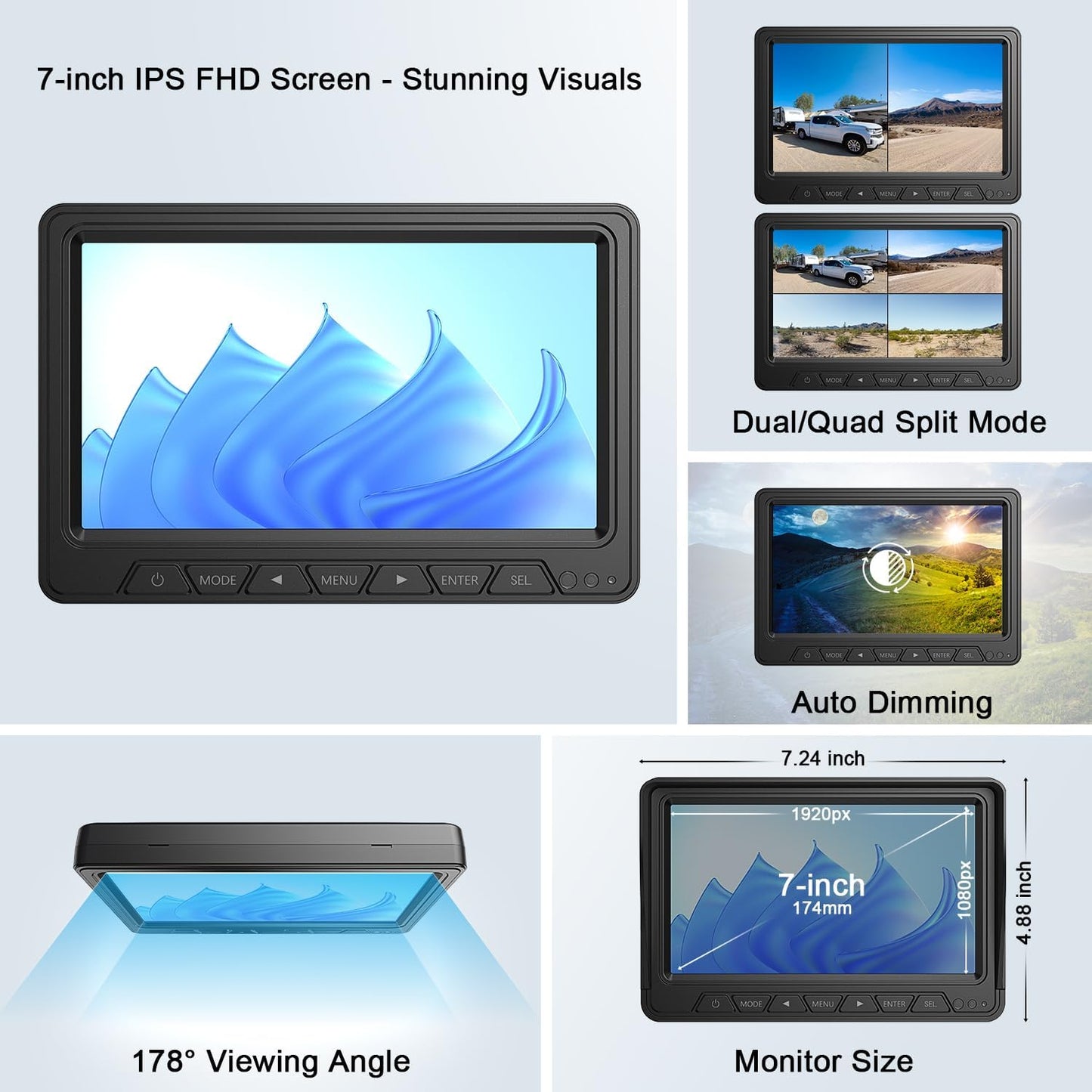 Fookoo HD Wireless RV Backup Cameras System, 7" Split-Screen Monitor, 1 Rear View + 2 Side Cameras, IR Night Vision Recording Waterproof Compatible with Furrion Pre-Wired RV Truck Trailer - DW7Y503