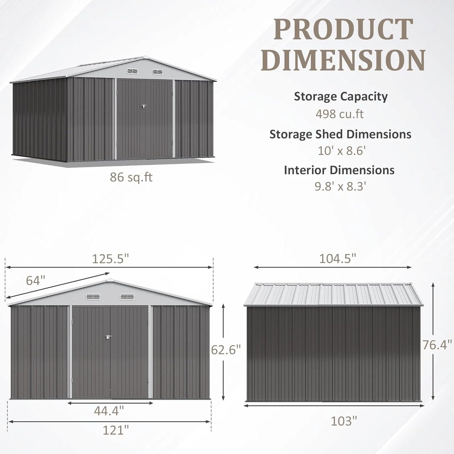 Greesum 10×8FT Outdoor Storage Shed, Metal Patio Storaged Sheds with Lockable Doors, Sheds & Outdoor Storage for Bike, Backyard, Pool and Garden, Gray