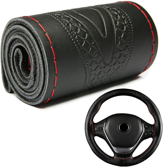 DEEYOTA Car Steering Wheel Cover Universal Fit Round Stitch Steering Wheel Wrap Thin PU Leather Steering Wheel Cover Sewn on 15" Car Wheel (Black)