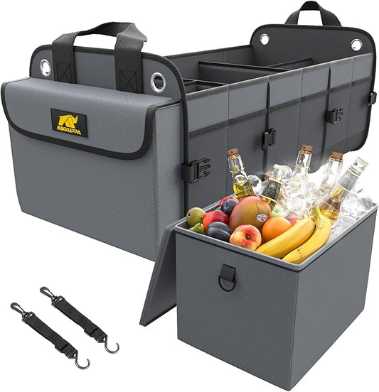 MIKKUPPA Car Trunk Organizer with Cooler - 100L Large Car Organizer, 1680D Oxford Collapsible Suv Trunk Storage with 2 Adjustable Straps for Auto, Truck, Suv (Gray)