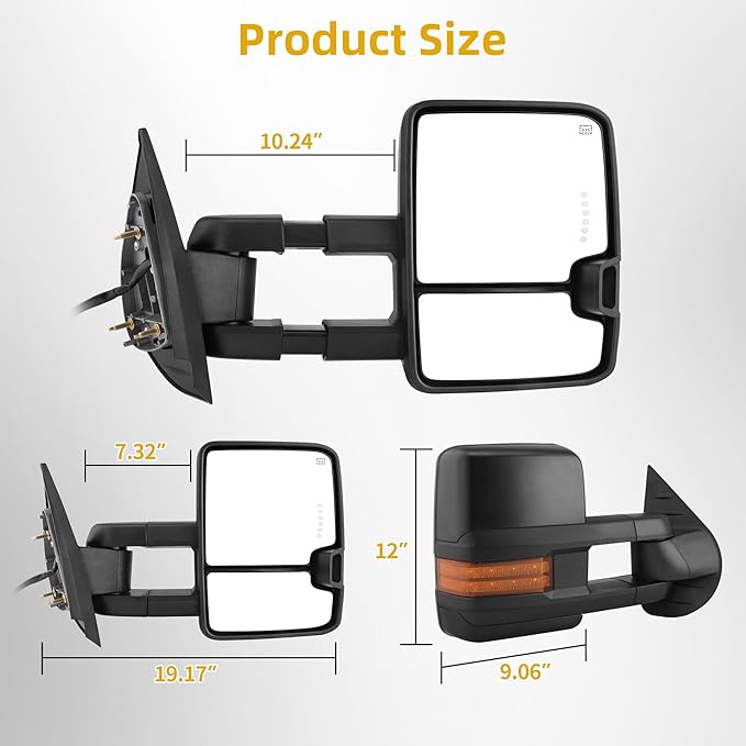 DWVO Towing Mirrors Compatible with 2007-2013 GMC Yukon 2500 Sierra 1500, 2007-2014 Chevy Silverado 1500, Power Heated Extendable with Amber Signal Light Side Mirrors Pair