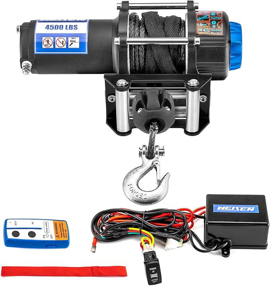 WeiSen 4500lb 12V ATV UTV Electric Winch Kit w/ 1/4" Synthetic Line, Winch Roller Fairlead & Link Stopper for Off Road Trailer Towing