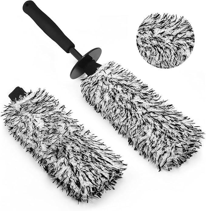 YeewayVeh 2PCS Car Wheel Cleaning Brush, Microfiber Flat Wheel Rim Cleaner Brush with Extra Removable Cover, Car Cleaning Brush for Wheels Tire Fenders Engine Exhaust Tips, Black&White