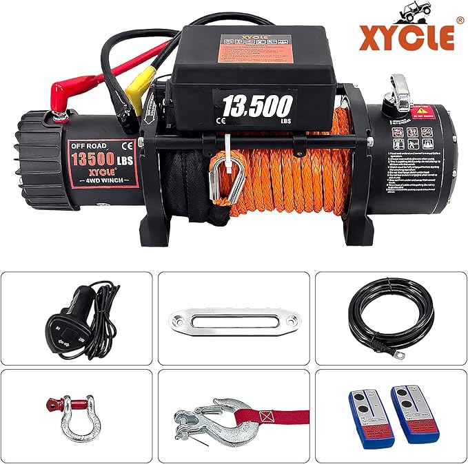 Winch13500lbs 12V WaterproofElectric Winch Synthetic Rope Electric Winch Towing Winch Boat Trailer Winch SUV 4-Wheel Drive Off-Road Vehicle with Remote Control 3/8 Synthetic Rope (Dark-Orange)