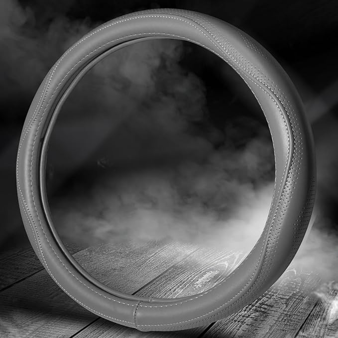 HAOKAY Top Grade Gray Genuine Leather Steering Wheel Cover Men Women, Luxury Steering Wheel Cover for Cars, SUVS and Trucks, Universal 14.5-15 inch