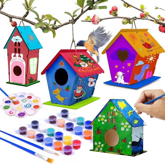 hapray 4 Pack Bird House Crafts for Kids Ages 5-8 8-12, Buildable DIY Birdhouse Kit for Children to Build, Summer Arts and Craft Projects with Paint, 3+ Boy Girl Gift for Halloween Christmas