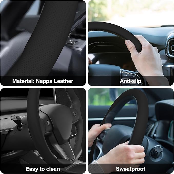 frani Nappa Leather Steering Wheel Cover, Universal 15 Inch Premium Non-Slip Steering Wheel Cover Black