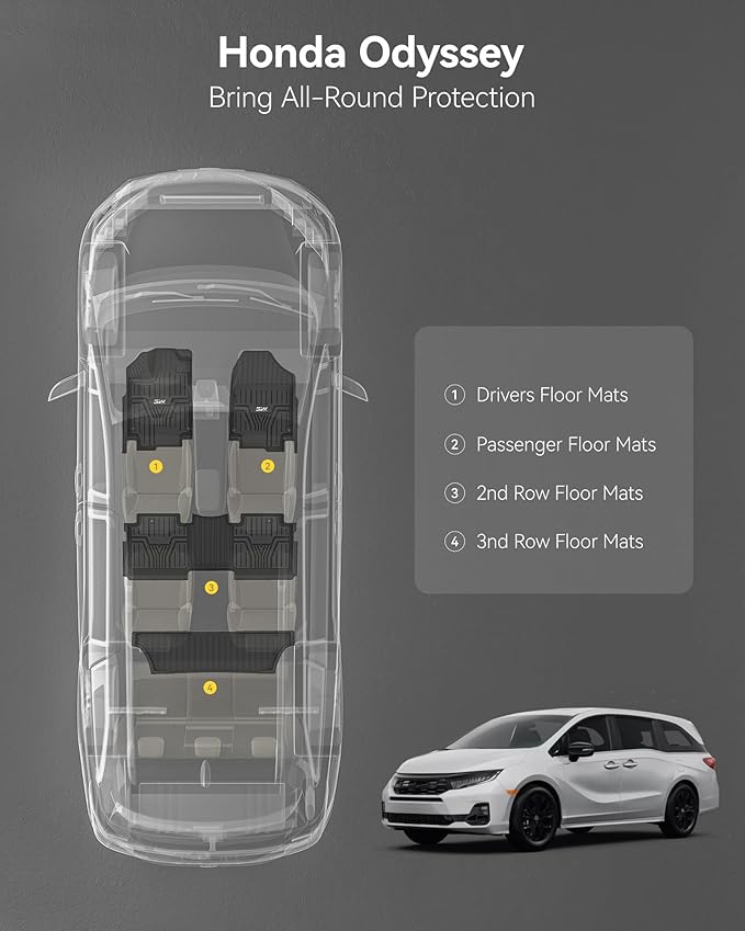 3W Floor Mats Fit for Honda Odyssey 2018-2025,TPE All Weather Custom Fit Floor Liner 1st, 2nd 3rd Row Car Mats,Black