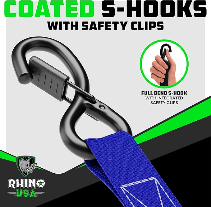 Rhino USA Ratchet Straps Tie Downs (4-Pack) - 1 Inch x 15 Feet (1,823lb Break Strength) - Ultimate Tie Down Straps with Safety S Hooks - for Trucks, Cargo, Moving, Appliances - Blue