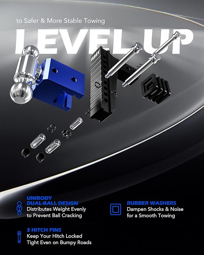 Orion Motor Tech Adjustable Trailer Hitch, Heavy Duty Drop Hitch 2 inch Receiver, 8" Drop & Rise Hitch with 2" & 2-5/16" Balls, 360° Dual-Ball Mount with 12500 lb. Towing Capacity for Class III & IV