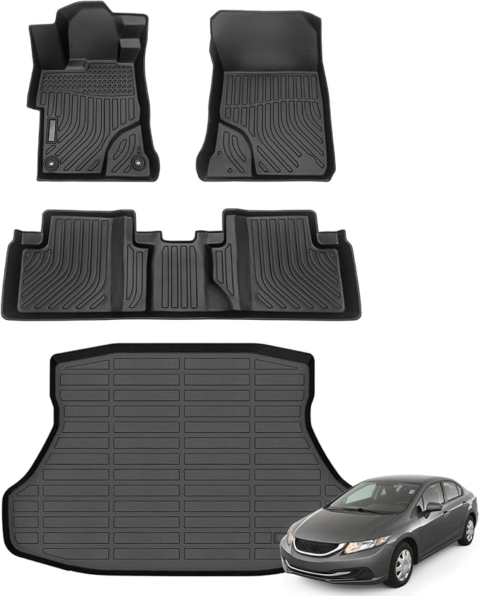 Floor Mats & Cargo Liner for 2012-2015 Honda Civic & Civic Si Only Sedan (Not Coupe), All Weather Automotive TPE Floor Liners Set Anti-Slip Waterproof Accessories (Car Mats+Trunk Mat) Black