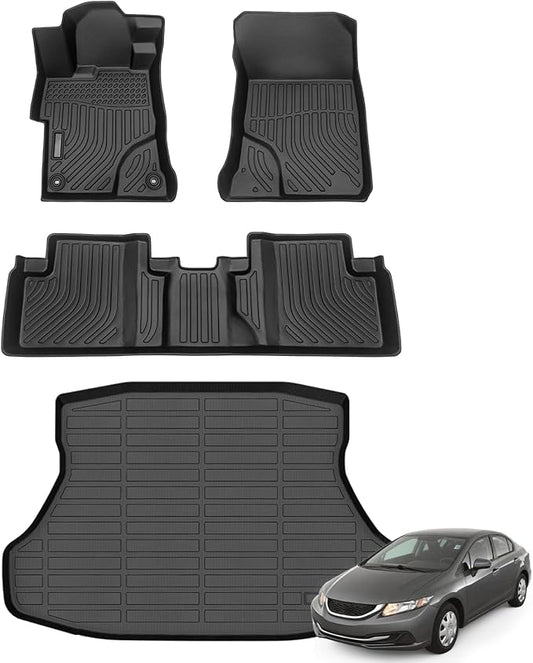 Floor Mats & Cargo Liner for 2012-2015 Honda Civic & Civic Si Only Sedan (Not Coupe), All Weather Automotive TPE Floor Liners Set Anti-Slip Waterproof Accessories (Car Mats+Trunk Mat) Black
