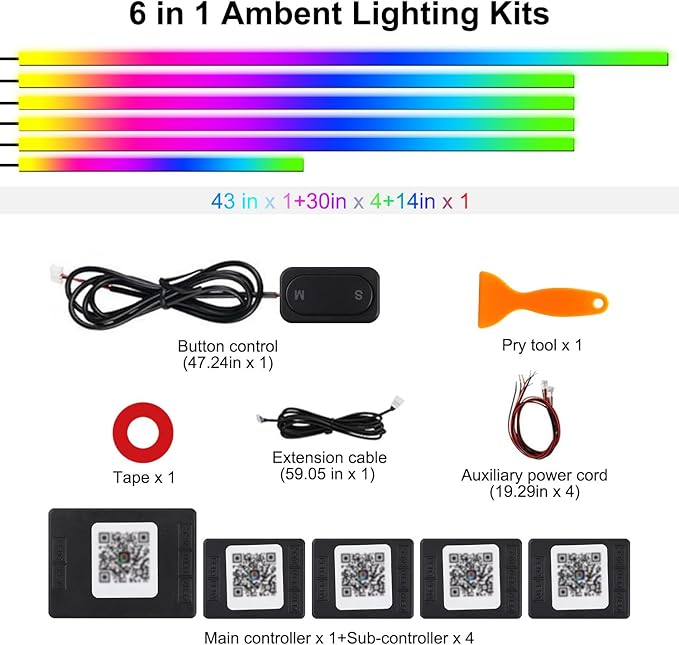 Dreamcolor Acrylic Interior Car LED Strip Lights, 6 in 1 Ambient Lighting Kit with Wireless APP, Dynamic Chasing Music Sync Fiber Optic Lights with DIY Mode, Car Inside Lighting Accessories