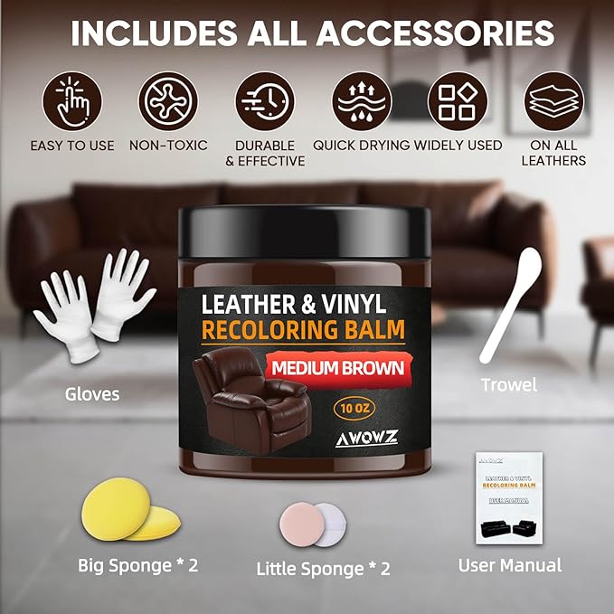 Leather Recoloring Balm - Scratch Repair & Color Restore Kit for Faded Leather, Leather Couch & Car Seats - 10OZ Leather Restorer Balm for Furniture, Auto Interior, Vinyl, Accessories (Medium Brown)