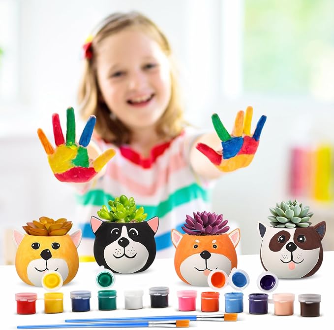 Pasimy 6 Set DIY Ceramic Succulent Planter Pots Paint Your Own Flower Pots Craft Kit Unpainted Bisque Paintable Flowerpot with Brush Palette Ready to Paint for Family Activity Gift(Dog)