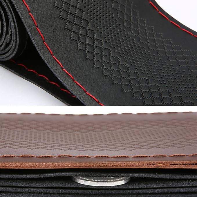 DEEYOTA Car Steering Wheel Cover Universal Fit Round Stitch Steering Wheel Wrap Thin PU Leather Steering Wheel Cover Sewn on 15" Car Wheel (Black)