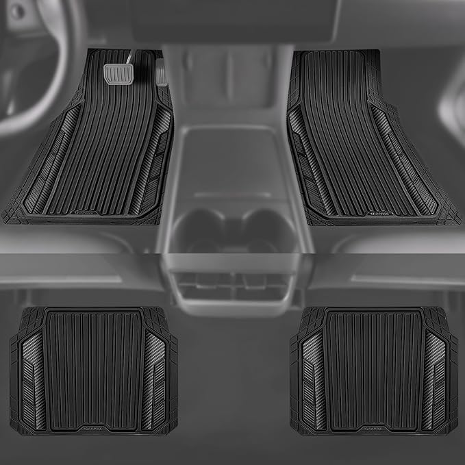 CAR PASS Heavy Duty Rubber Car Mats Metallic,Aluminum Film All Weather Floor Mats Waterproof Universal Trim to Fit SUVs Sedans Vans 4 Piece Anodized Deep Dish Two-Tone Sporty Carbon Fiber Black Chrome