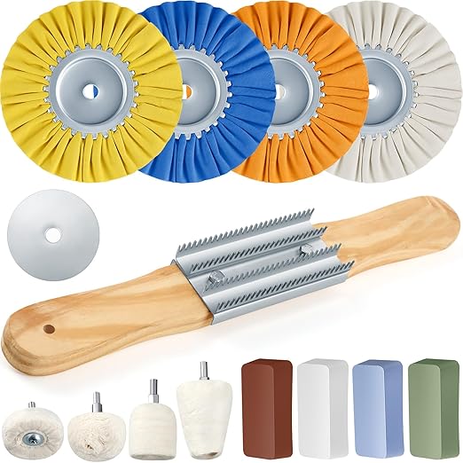 Liliful 14 Pcs 8" Airway Polishing Wheel Kit in Diameter 5/8", Metal Aluminum Buffing Wheel and Polishing Compound and Buffing Drill and Rake Pad for Angle Grinder Mirror Metal Finish(Bright Color)