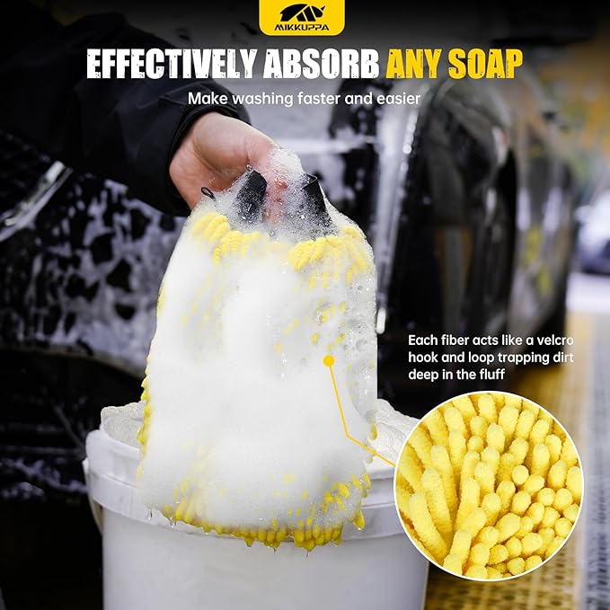 MIKKUPPA Car Wash Mitt Microfiber - Double-Sided Chenille Scratch Free Mitt with Waterproof Inner for Car Washing Home Cleaning (Yellow, 2Pack, 10'' x 7'')