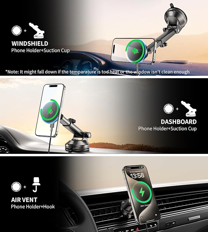for MagSafe Car Mount Charger Dash/Windshield/Vent Wireless Car Charger with [LED Light], Strong Magnetic Phone Holder for Car for iPhone 17 16 15 14 13 12 Series, Fit MagSafe Accessories