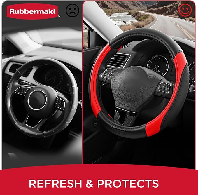 Rubbermaid Steering Wheel Cover – Universal Fit 14.5"–15" Steering Wheel Cover, Anti-Slip Grip, Breathable Leather, All-Season Protection, Interior Upgrade for Cars, Trucks, SUVs - Red