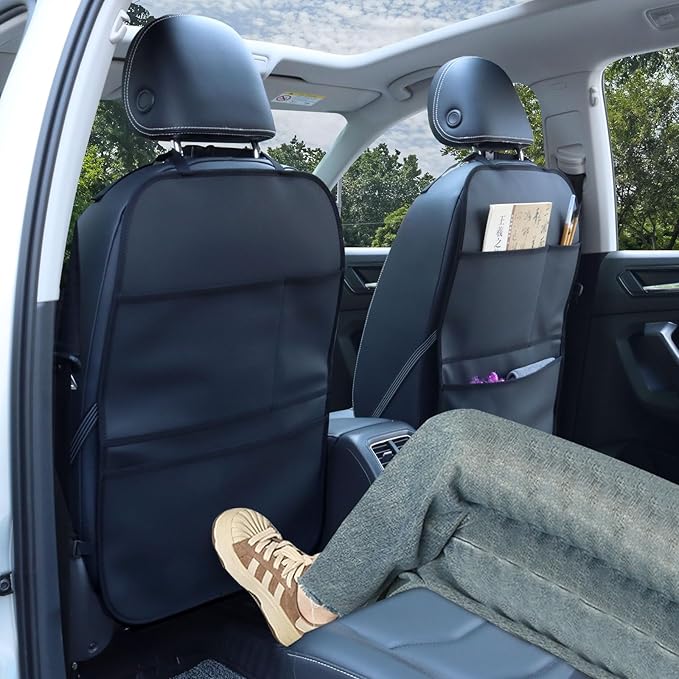 Kick Mat Back Seat Protector Waterproof Leather Car Seat Back Organizers Cover with 3 Storage Pockets for Kids Pets SUV Sedan Minivan Truck Car Travel Accessories (Black 2-Pack)