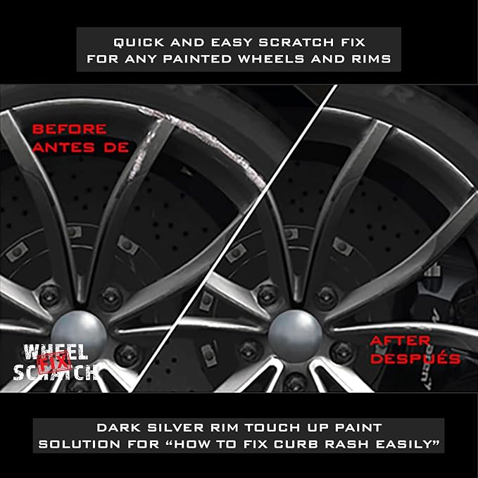 Wheel Scratch Fix® Dark Silver Rim Touch Up Paint, Wheel Scratch Repair Kit, Alloy Curb Rash Repair Kit, Rim Touch Up Pen, Universal Wheel Paint, DIY Alloy Rim Repair (Dark Silver)