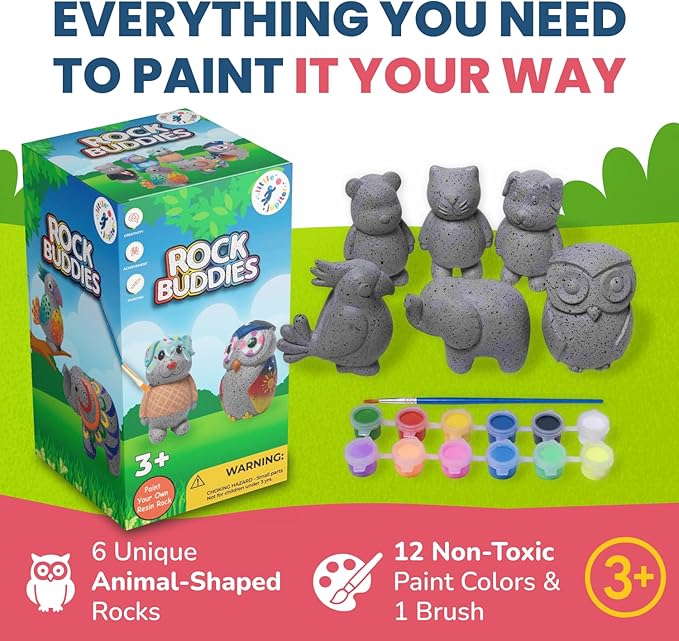 Rock Buddies - DIY Resin Shaped Stone Like Material Animal Figures - Ideal Arts and Crafts for Kids 3-12 Yrs old - Complete Kids Painting Crafts with 6 Projects, Paint, & Brush - Children's Activities