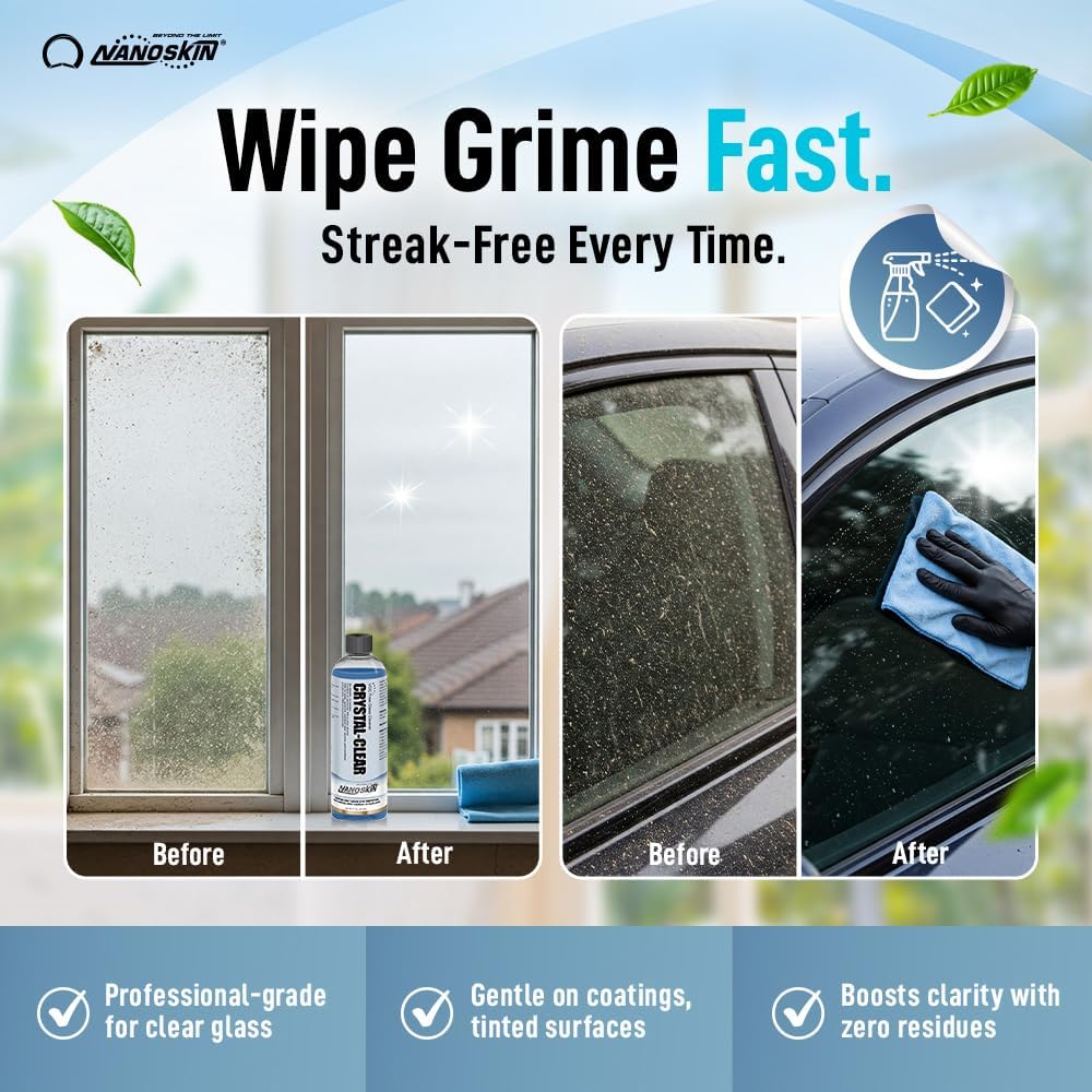 Nanoskin CRYSTAL-CLEAR VOC-Free Glass Cleaner, 32 Oz. Pack (2x16 Oz) - Advanced Eco-Safe, Streak-Free Shine, Multi-Surface Cleaning Solution | For Auto, Home, Office, & Commercial Use | 40:1 Dilution