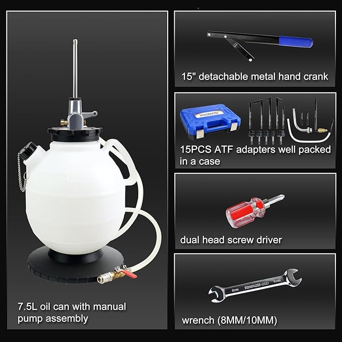 JIFETOR Transmission Fluid Refill Pump ATF Transfer Tool Kit, Manual Gearbox Oil Filler Set with 7.5L Oil Filling Can Dispenser 15PCS ATF Adapters Compatible with Ford Audi Mercedes Benz VW BMW