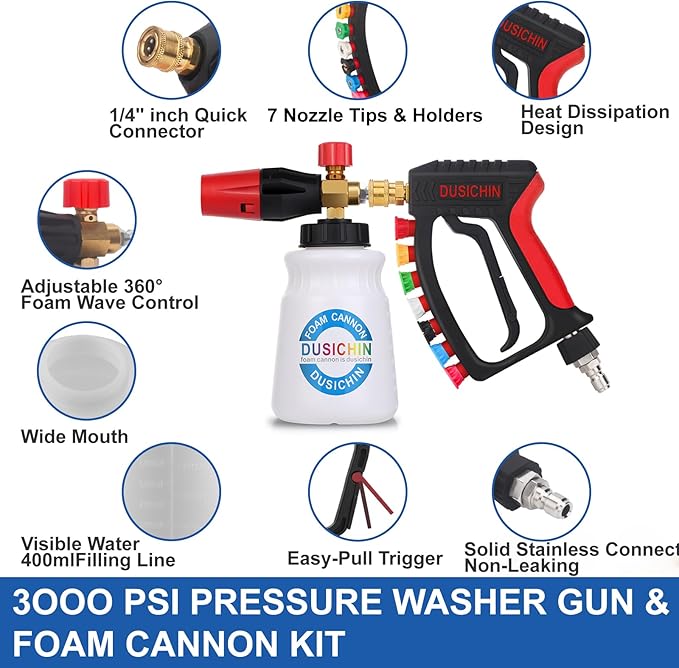 DUSICHIN Short Pressure Washer Gun Swivel Joint 4000 PSI Foam Cannon Lance,7 Pressure Washer Nozzle Tips Car Wash Foam Gun 7 Tip Slots 3/8'' Swivel Quick Connector,M22-14mm M22-15mm Fitting DUS2912