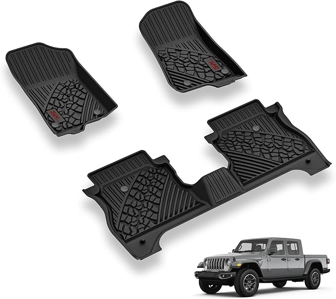 3W Floor Mats Compatible for Jeep Gladiator 2020-2024 2025, Custom Fit TPE All Floor Liner for Weather Jeep Gladiator,1st & 2nd Row Full Set Car Liners with Red Logo,Black